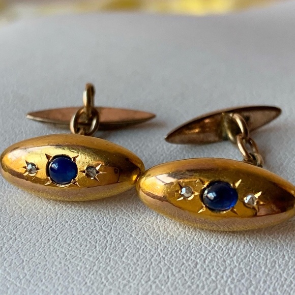ANTIQUE ENGLISH 18K YELLOW GOLD CABOCHON SAPPHIRE & ROSE CUT DIAMONDS CUFFLINKS